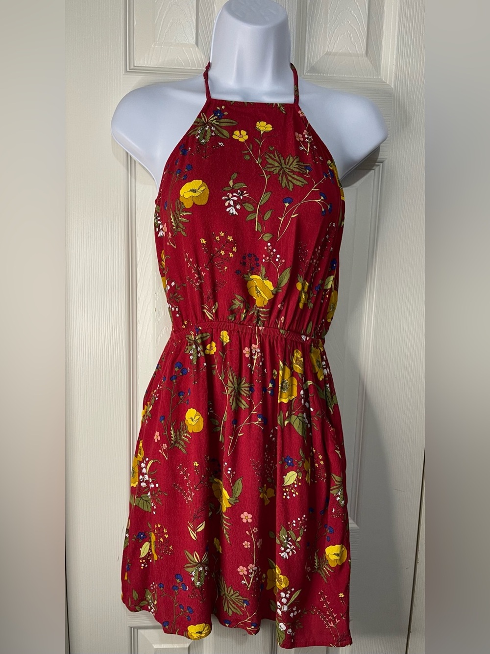 Express Red Floral Boho Retro Halter Tie Elastic Waist Mini Dress Pockets XS